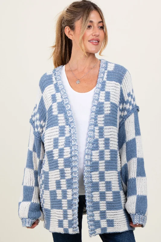 Blue Mixed Check Pattern Chunky Maternity Cardigan Cool Women's Distressed