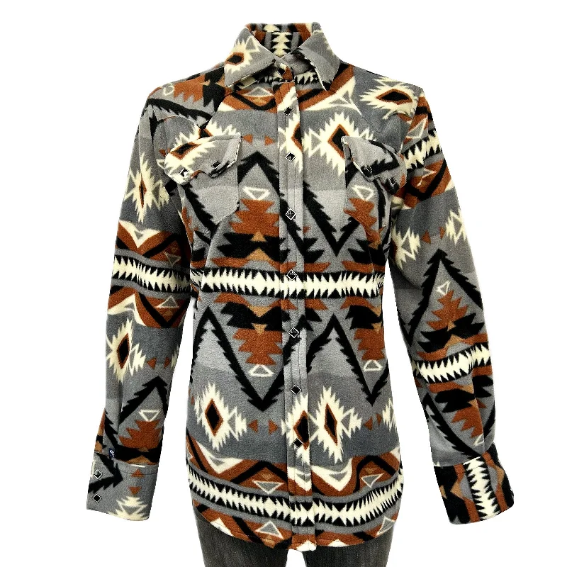 Women's Native Pattern Fleece Western Shirt in Grey & Brown Business