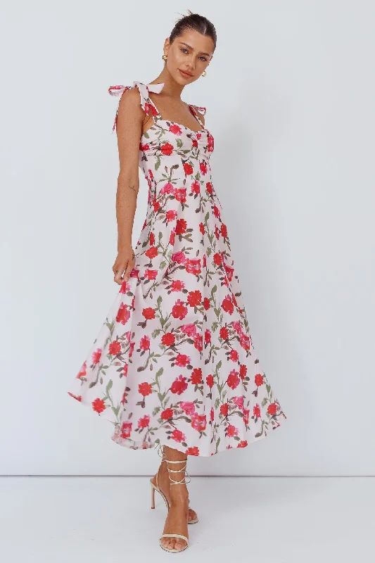 Sweet Pea Tied Bust Midi Dress Flower Pink Streetwear Style for 