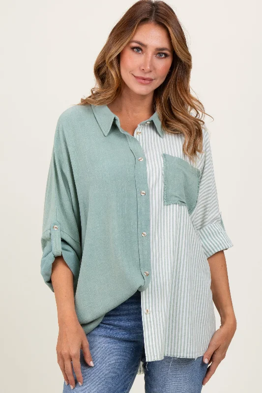 Light Olive Colorblock Stripe Oversized Button Down Cozy Women's Winter
