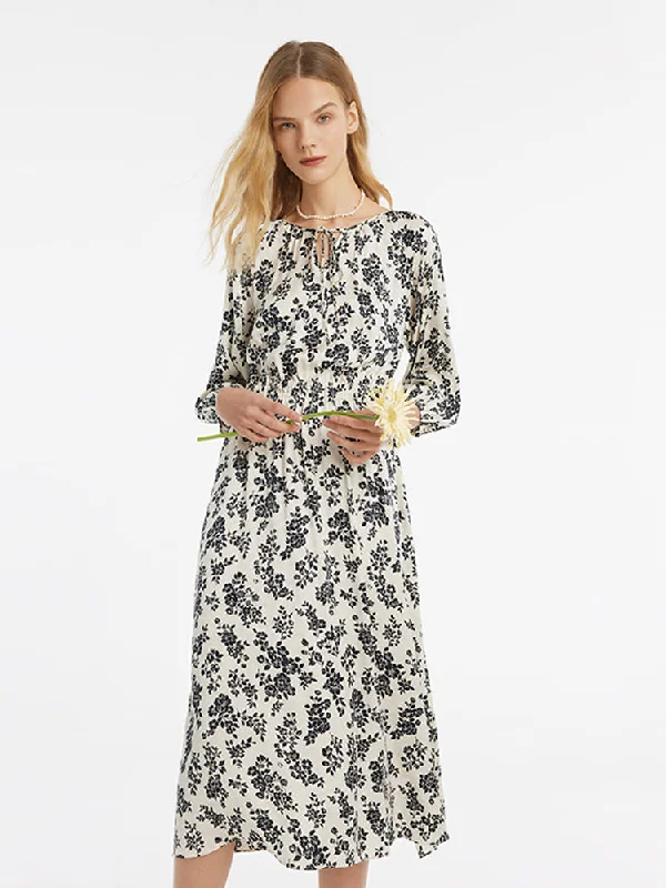 Camellia Print Gathered Waist Women Midi Dress purpose