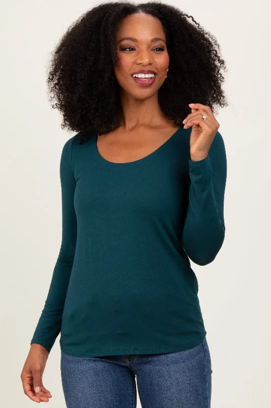 Forest Green Basic Scoop Neck Long Sleeve Top Sharp Women's Italian