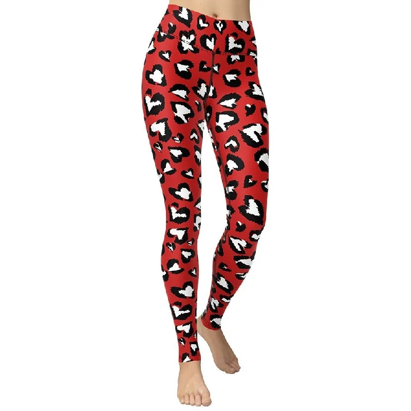 Leopard Hearts Yoga Leggings Artistic Women's Hand - painted