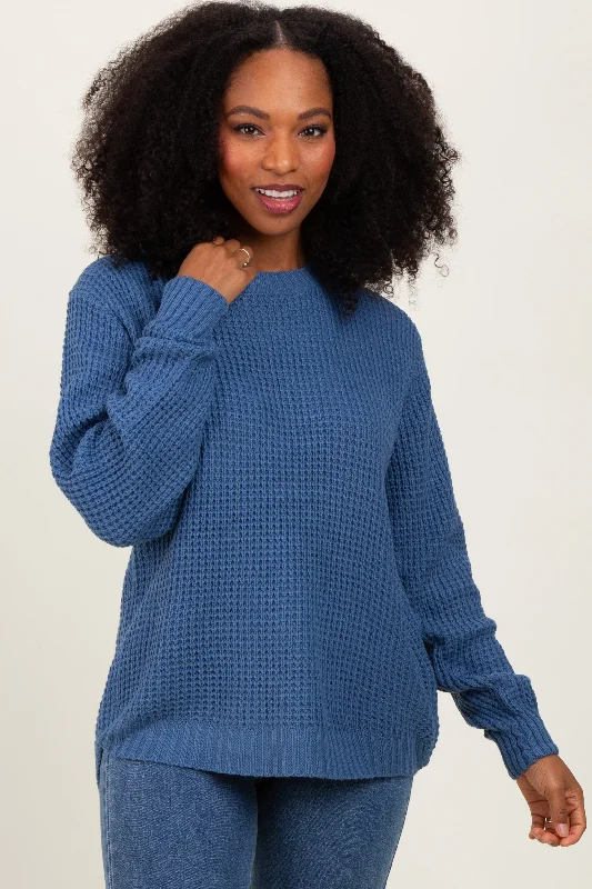 Dark Periwinkle Waffle Knit Rounded Hem Sweater Sleek Women's 