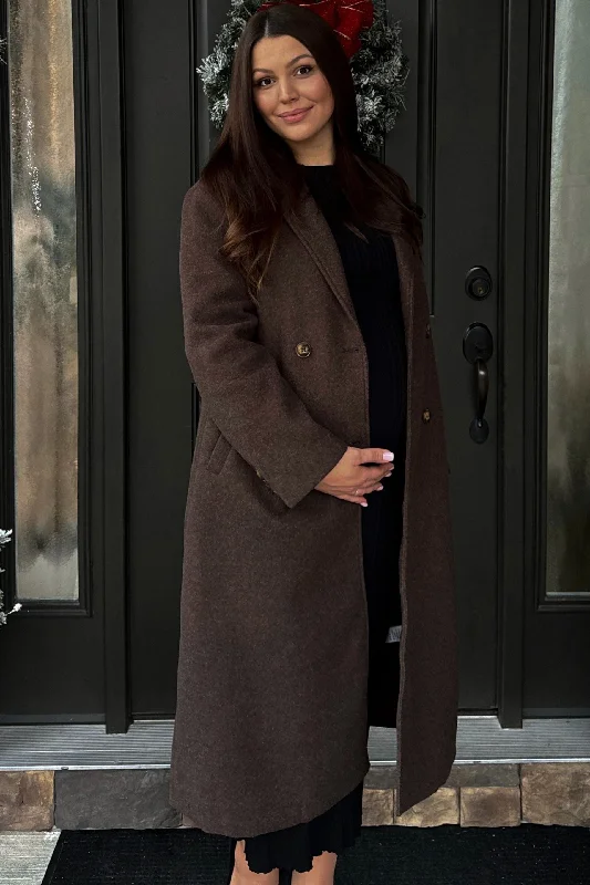 Brown Felted Double Breasted Lapel Maternity Button Coat Earthy Women's 