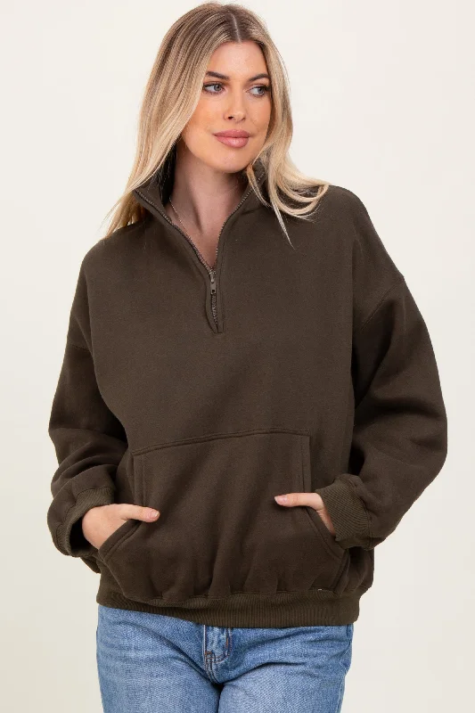 Olive Fleece Oversized Half Zip Pullover Youthful Women's Anime - inspired