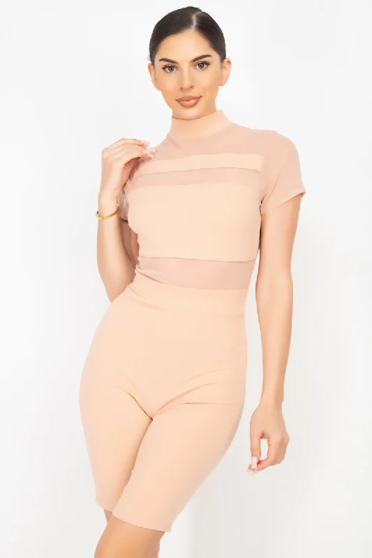 Stripe Mesh Mock Neck Biker Romper Sporty Women's Tennis