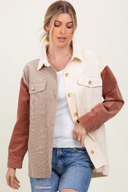 Ivory Corduroy Colorblock Oversized Shirt Jacket Elegant Women's 