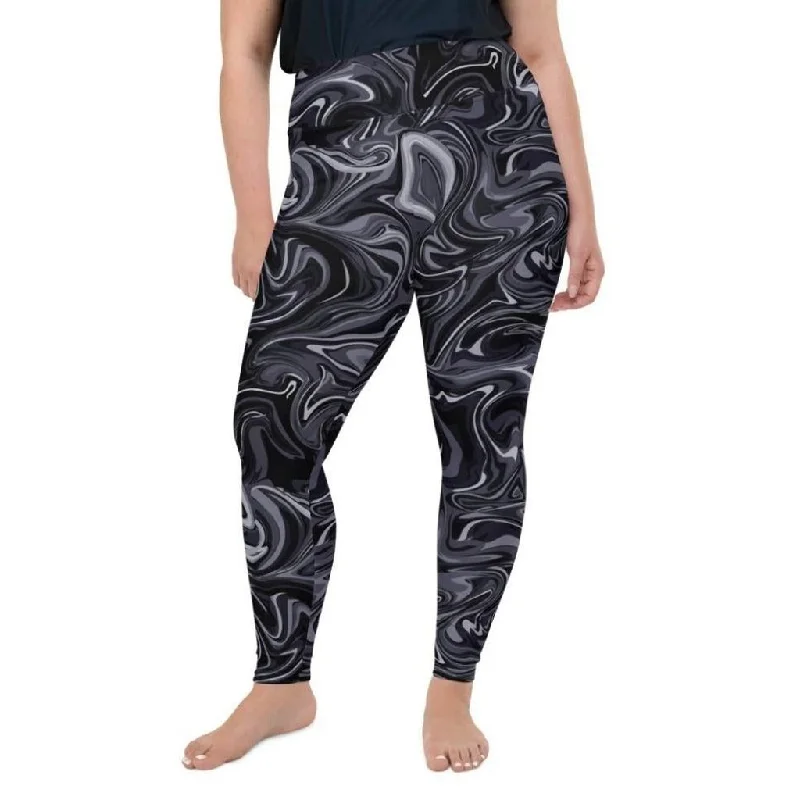 Dark Monochrome Marble Plus Size Leggings Laid - back Women's Style