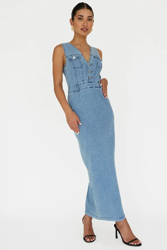 Jazelle Sleeveless Button Front Maxi Dress Denim Relaxed Women's Beachy