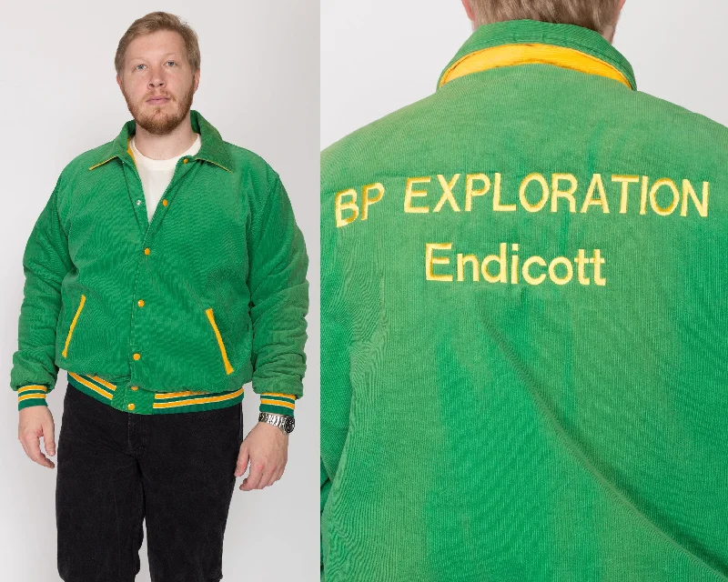 2X 80s BP Exploration Endicott Green Corduroy Bomber Jacket Dapper Women's Bow - adorned