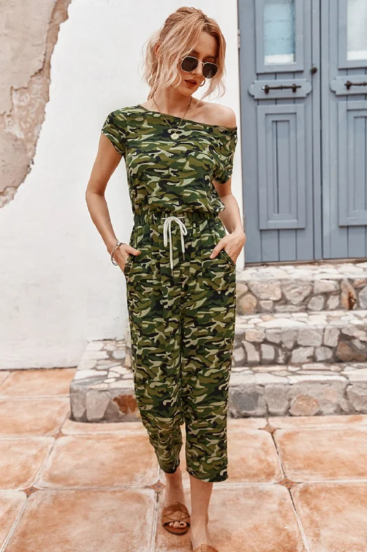 Camouflage Drawstring Crop Leg Jumpsuit Cozy Women's Sherpa - lined