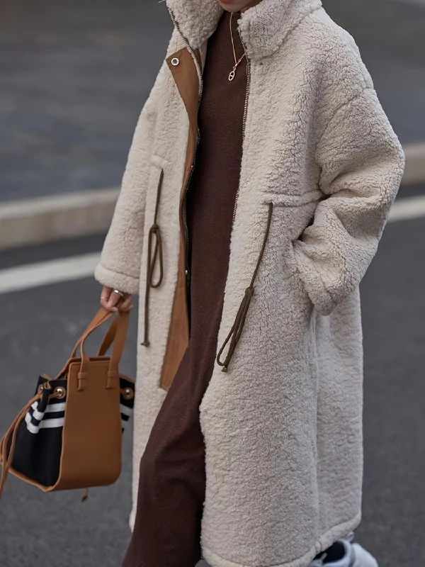 Plus Size Drawstring Zip Up Turtleneck Sherpa Coat Cozy Women's Winter