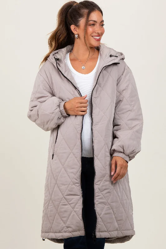 Light Mocha Quilted Long Maternity Puffer Jacket garde