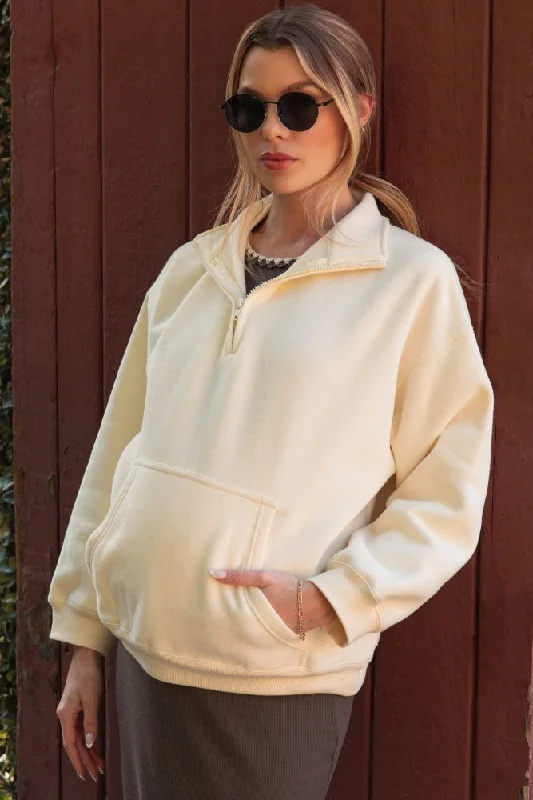 Cream Fleece Oversized Half Zip Maternity Pullover Polished Women's Silk