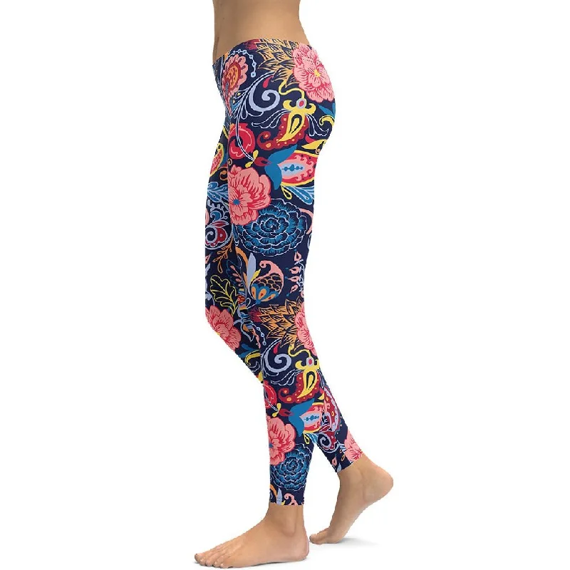 Art Deco Floral Leggings Artistic Women's Hand - painted