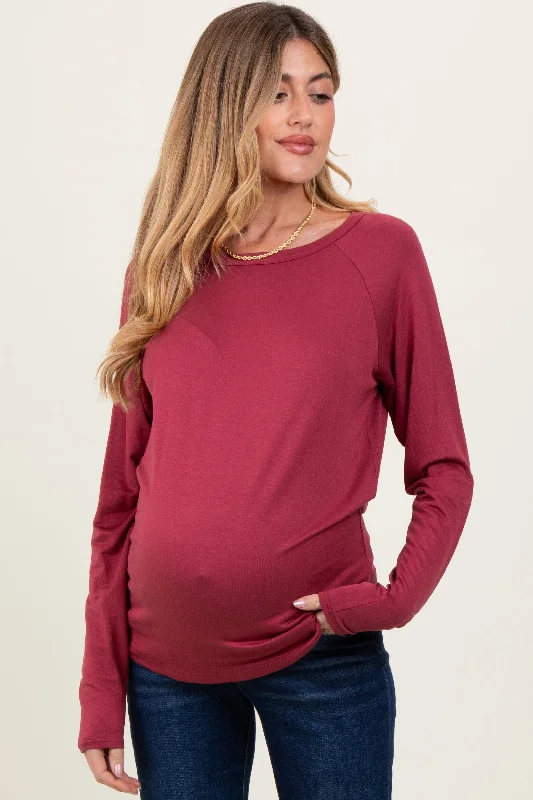 Burgundy Basic Boatneck Maternity Long Sleeve Top Stylish Women's Neon