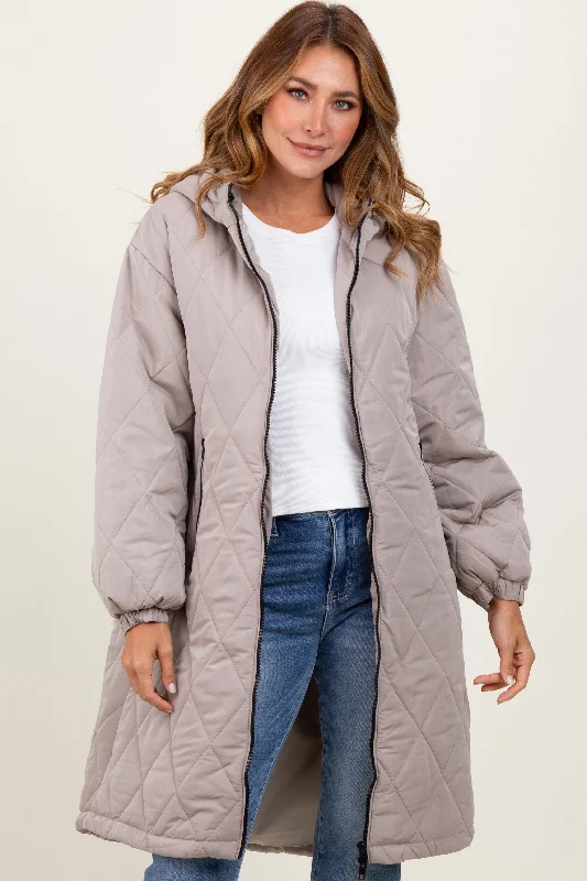 Light Mocha Quilted Long Puffer Jacket Refined Women's Classic 