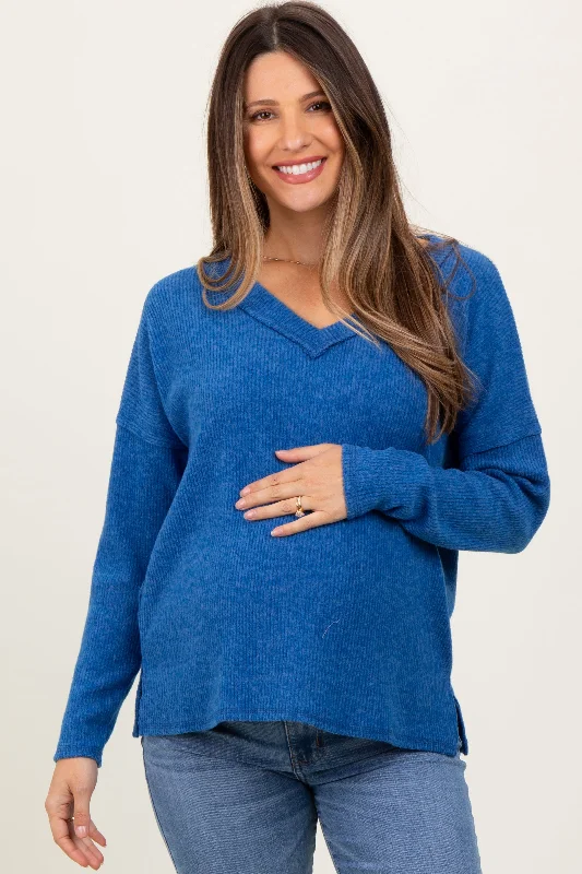 Royal Blue Ribbed V-Neck Long Sleeve Maternity Top Casual Women's Loose - fitting