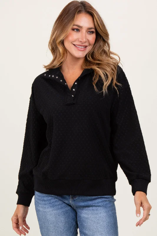 Black Quilted Knit Snap Collar Pullover Top Sleek Women's Metallic