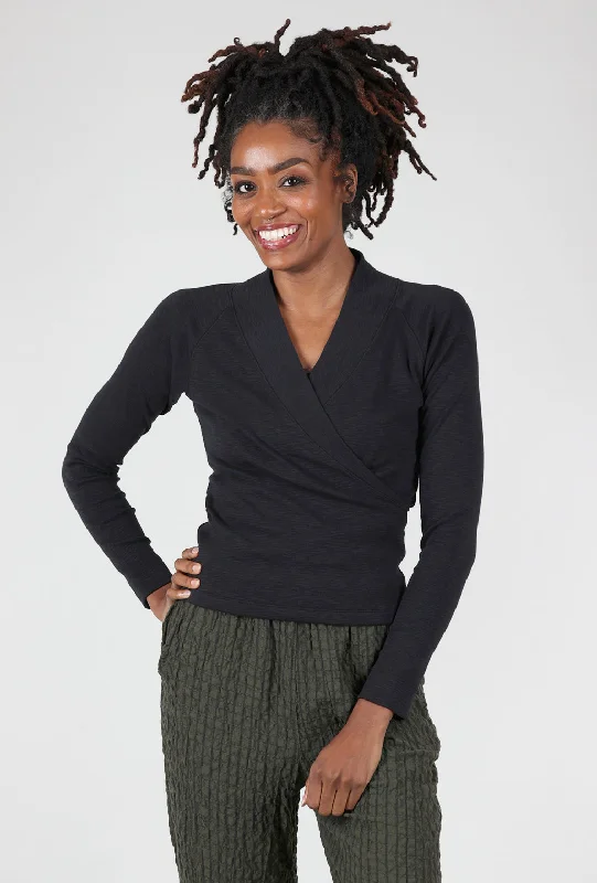 Shawl Collar Faux Wrap Top, Black Monochromatic All - in - one