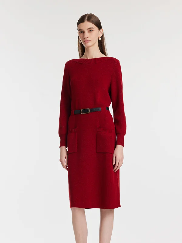 Slash Neck Knitted Women Midi Dress With Belt Gym
