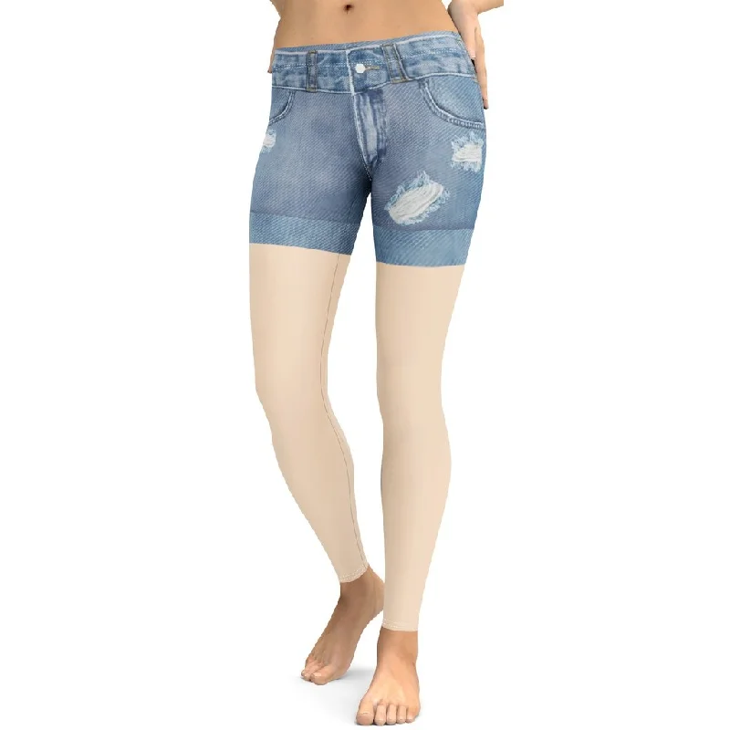 Light Tone Denim Shorts Print Leggings Modern Women's Tech