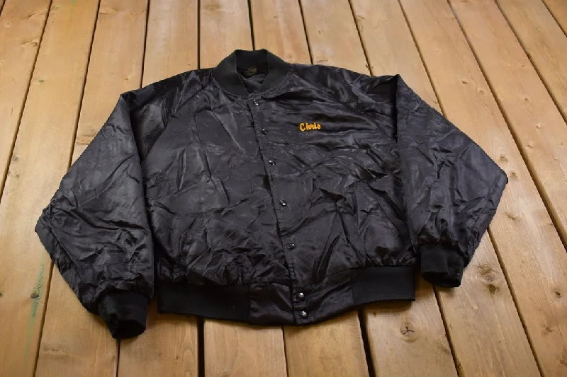 Vintage 1990s Mahoning County Satin School Bus Theme Bomber Jacket Hip Women's Retro