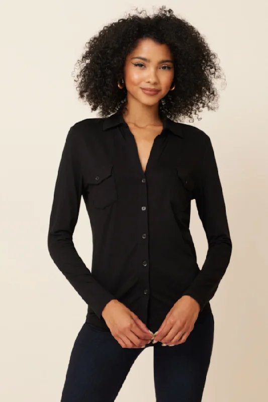 Majestic Soft Touch Long Sleeve Button front Pocket Shirt in Noir/black Edgy Women's Punk Edgy Women's Punk