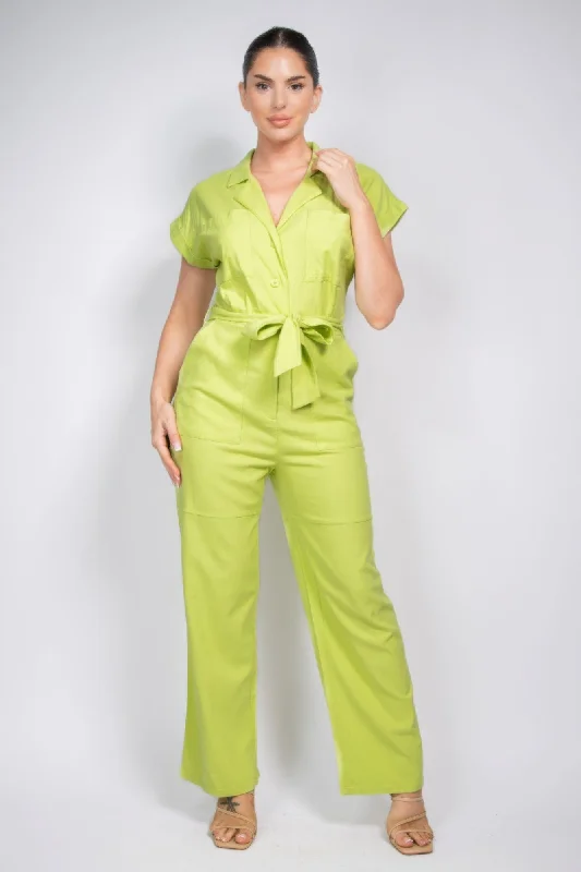 Belted Button-down Linen Jumpsuit Cozy Women's Winter