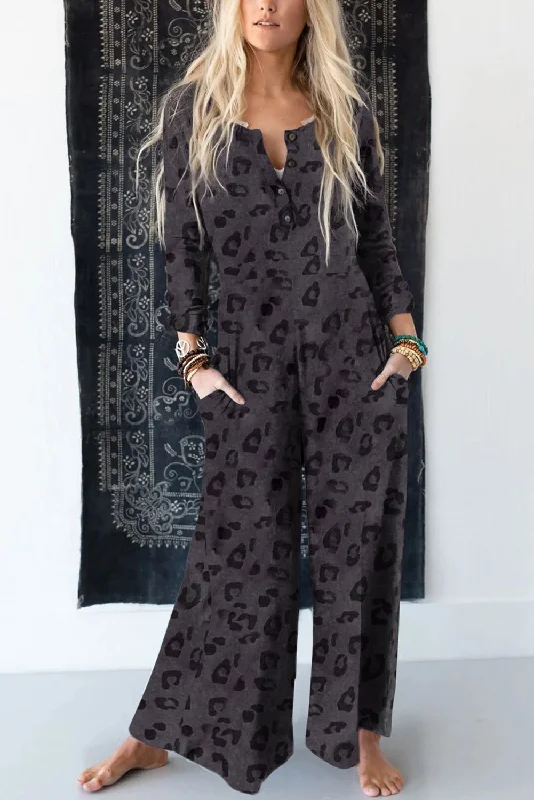 Leopard Buttoned Wide Leg Jumpsuit Laid - back Women's Vibe
