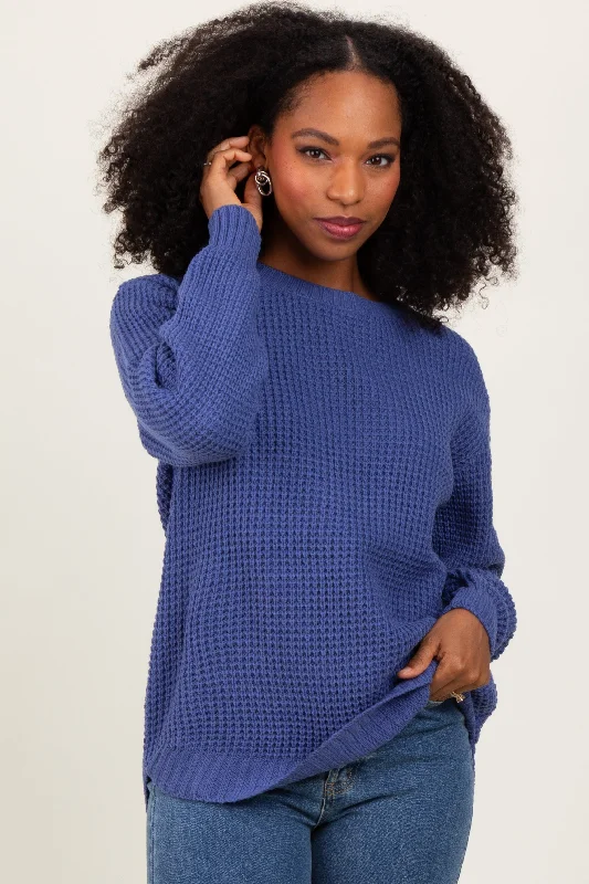 Periwinkle Waffle Knit Rounded Hem Sweater Vacation