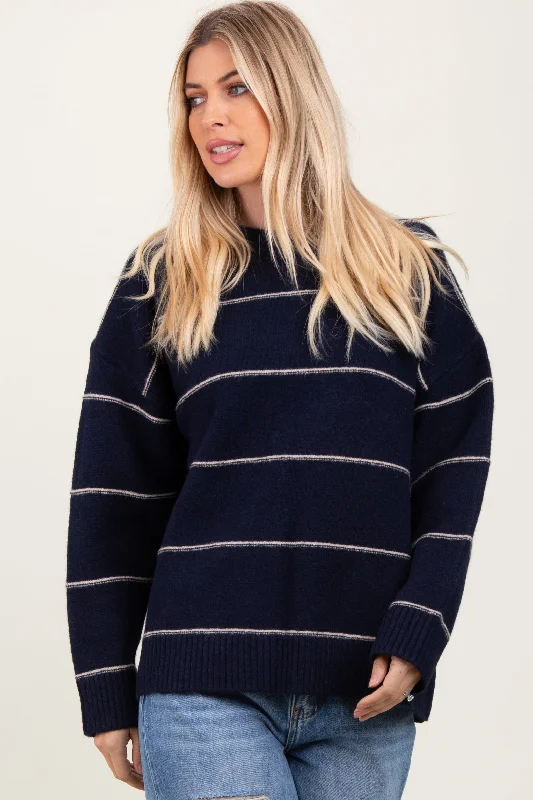 Navy Striped Drop Shoulder Sweater Cozy Women's Winter
