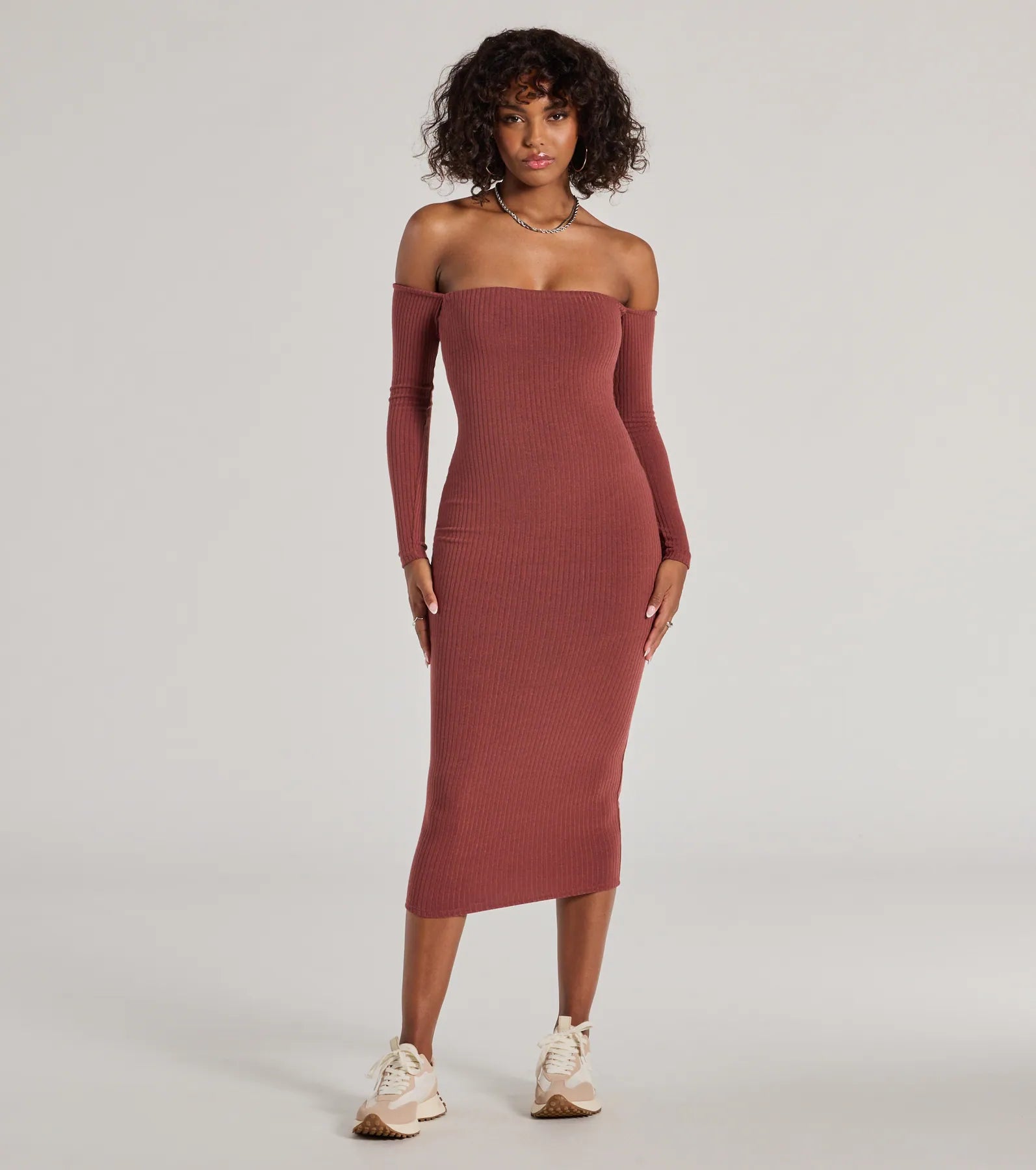 Carefree Chic Long Sleeve Ribbed Knit Midi Dress Bohemian Women's Free
