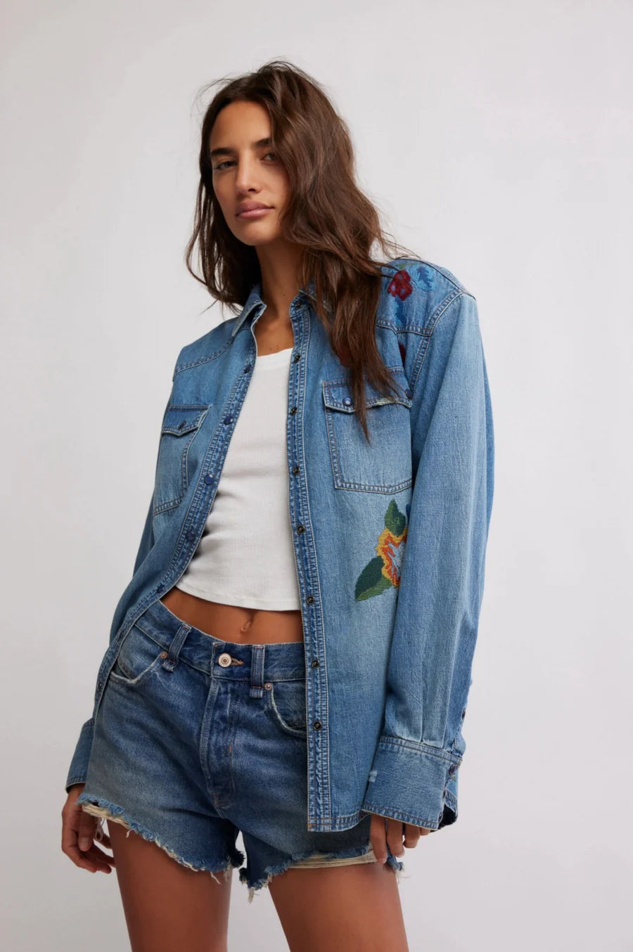 Free People Oh the Places You'll Go Denim Jacket Traditional Women's Wool
