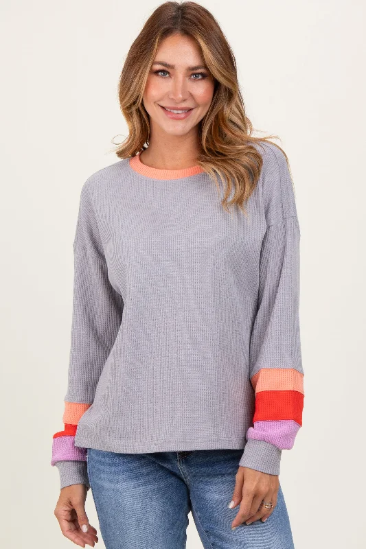 Heather Grey Waffle Knit Colorblock Long Sleeve Top Dapper Women's Bow - adorned