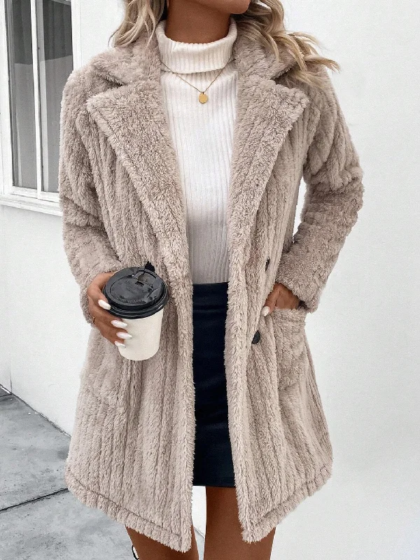 Fuzzy Button Up Long Sleeve Coat with Pockets Sharp Women's Italian
