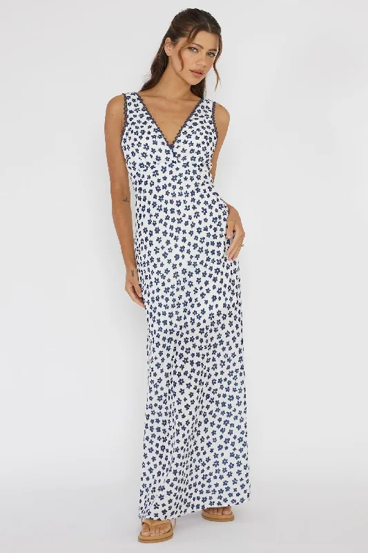 Miss Divine V-Neck Maxi Dress Flower Blue Artistic Women's Avant - 