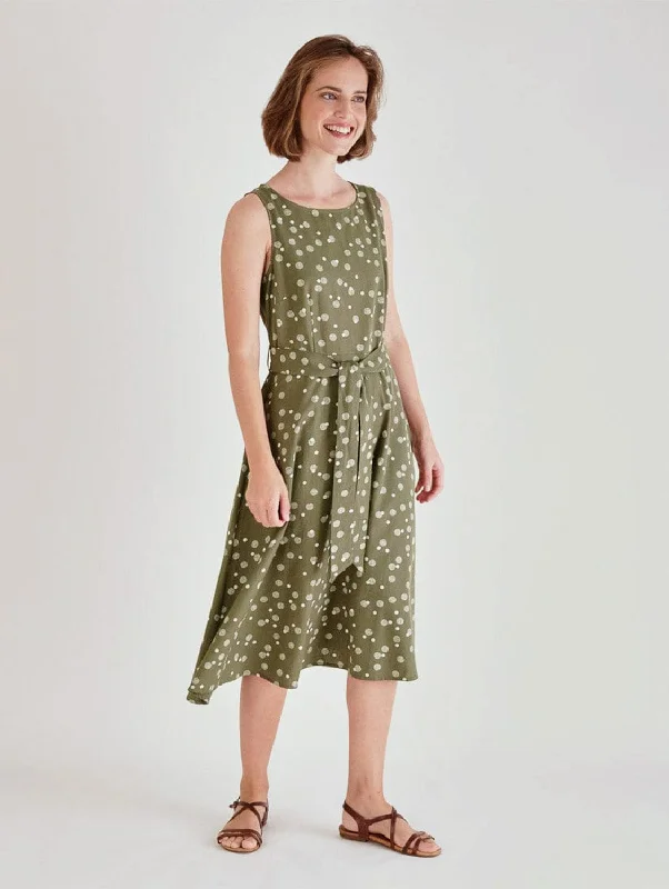 Adelia Linen & Cotton Polka Dot Sleeveless Dress | Olive Cashmere
