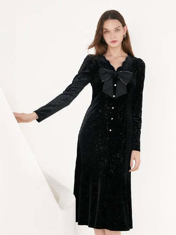 V-Neck Detachable Bowknot Velvet Midi Dress Refined Women's 