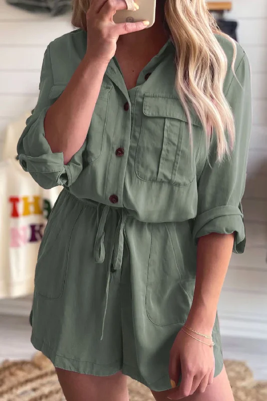 Collared Neck Drawstring Roll-Tab Sleeve Romper Laid - back Women's Vibe