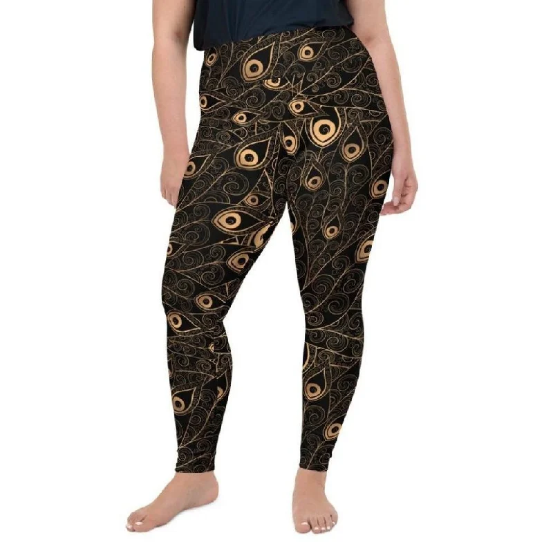 Golden Art Deco Pattern Plus Size Leggings Athletic Women's High - 
