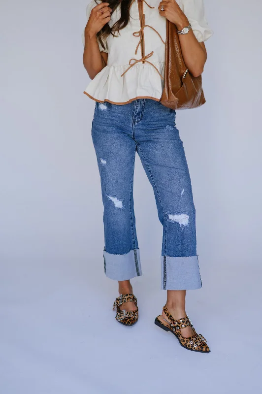 Gia Straight Leg Cuffed Jeans-Light Denim Cozy Women's Sherpa - lined