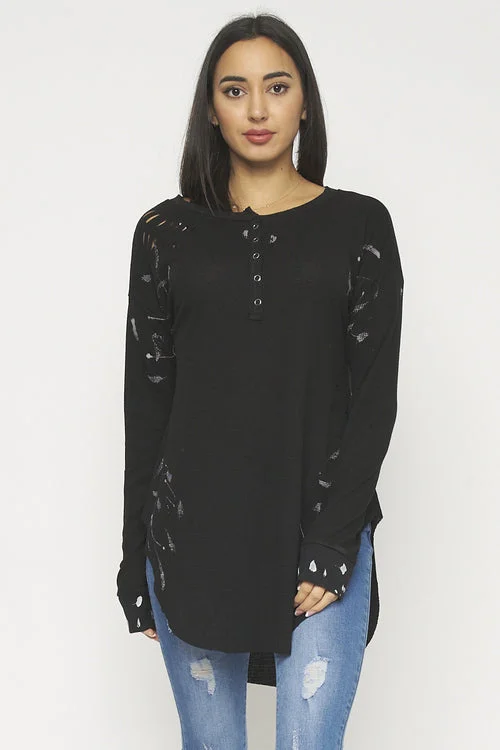 Long Sleeve Destroyed Knit Tshirt Top (FT75193T) Sleek Women's 