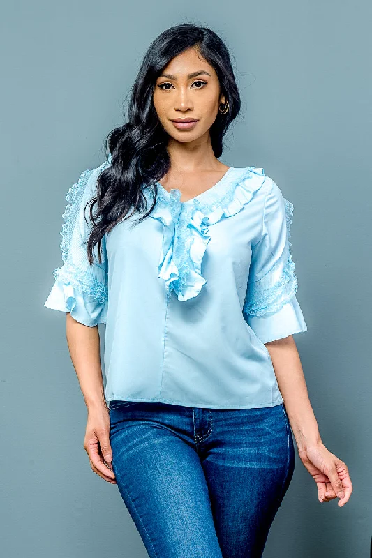 Ruffle Bell V-Neck With Lace Detail In The Front Top (T439) Youthful Women's Pop