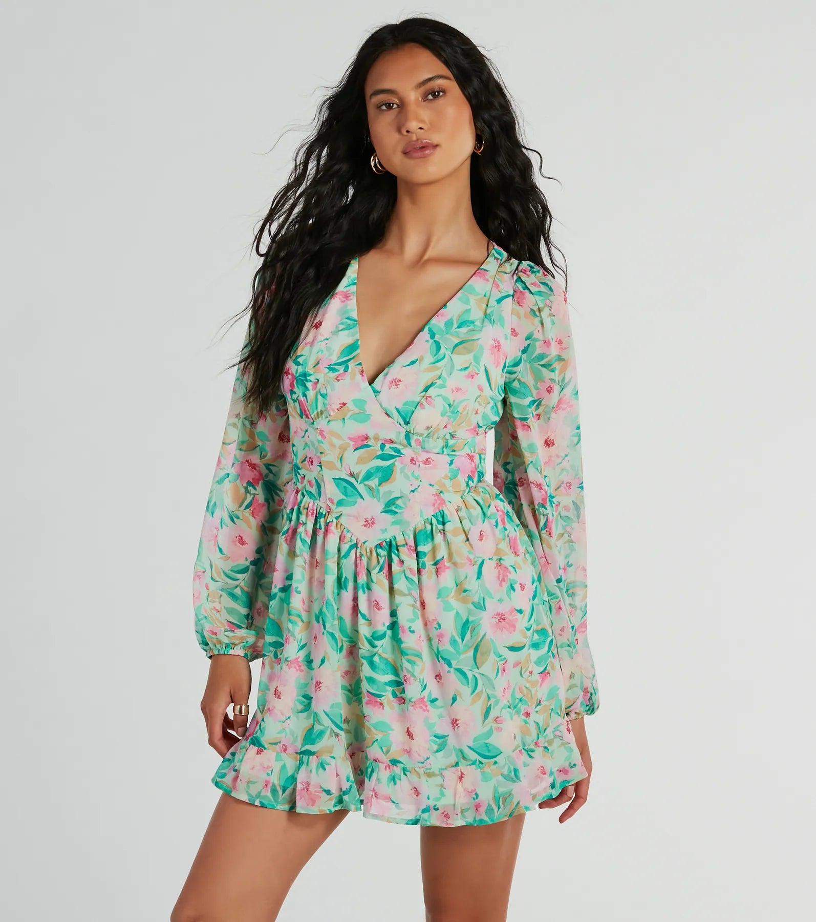 Radiant Vacay V-Neck Floral Chiffon Skater Dress Bold Women's Statement