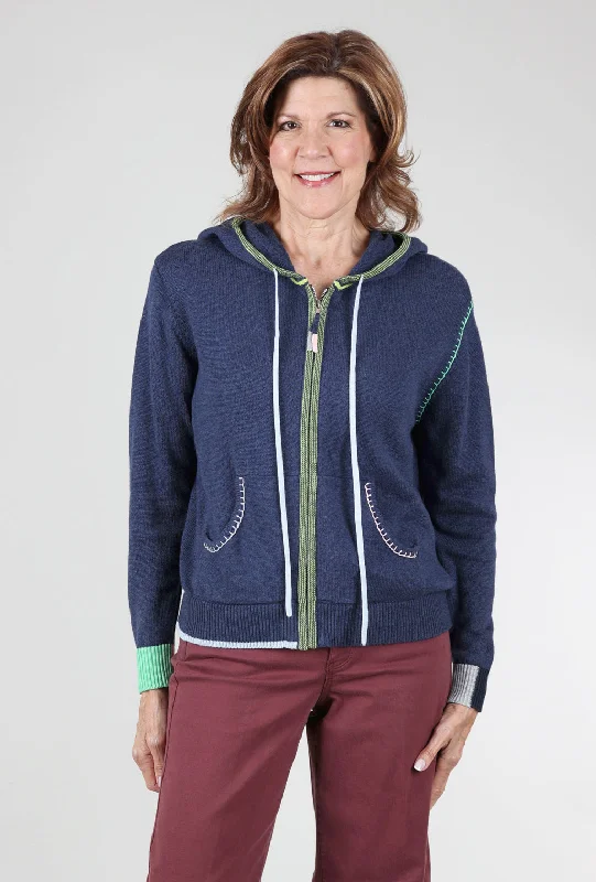 Handcraft Stitch Accents Hoodie, Denim Minimalist Women's Casual