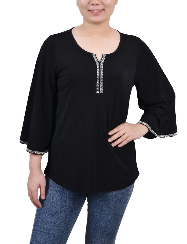 Petite 3/4 Bell Sleeve Top With Stones Cashmere Cashmere