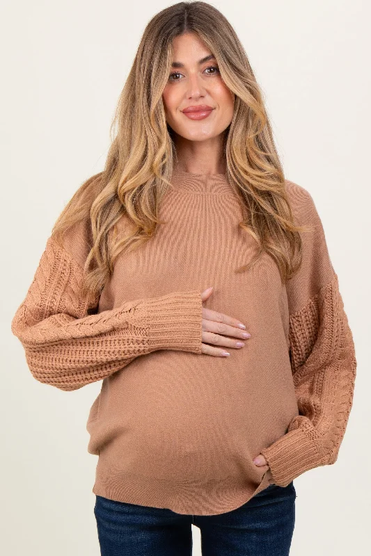 Camel Contrast Knit Sleeve Maternity Sweater Luxurious Women's High -  end