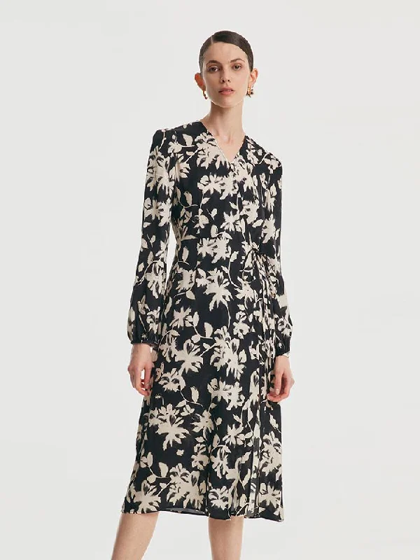 19 Momme Stretch Silk Print Tea Break Midi Dress Athletic Women's High - 